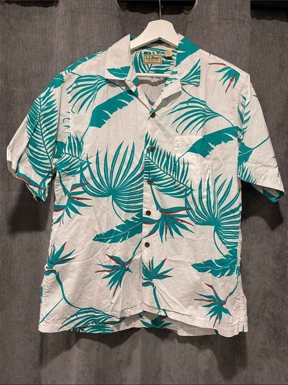 L.L. Bean White Camp Shirt with Teal Leaf Print and Red Accents